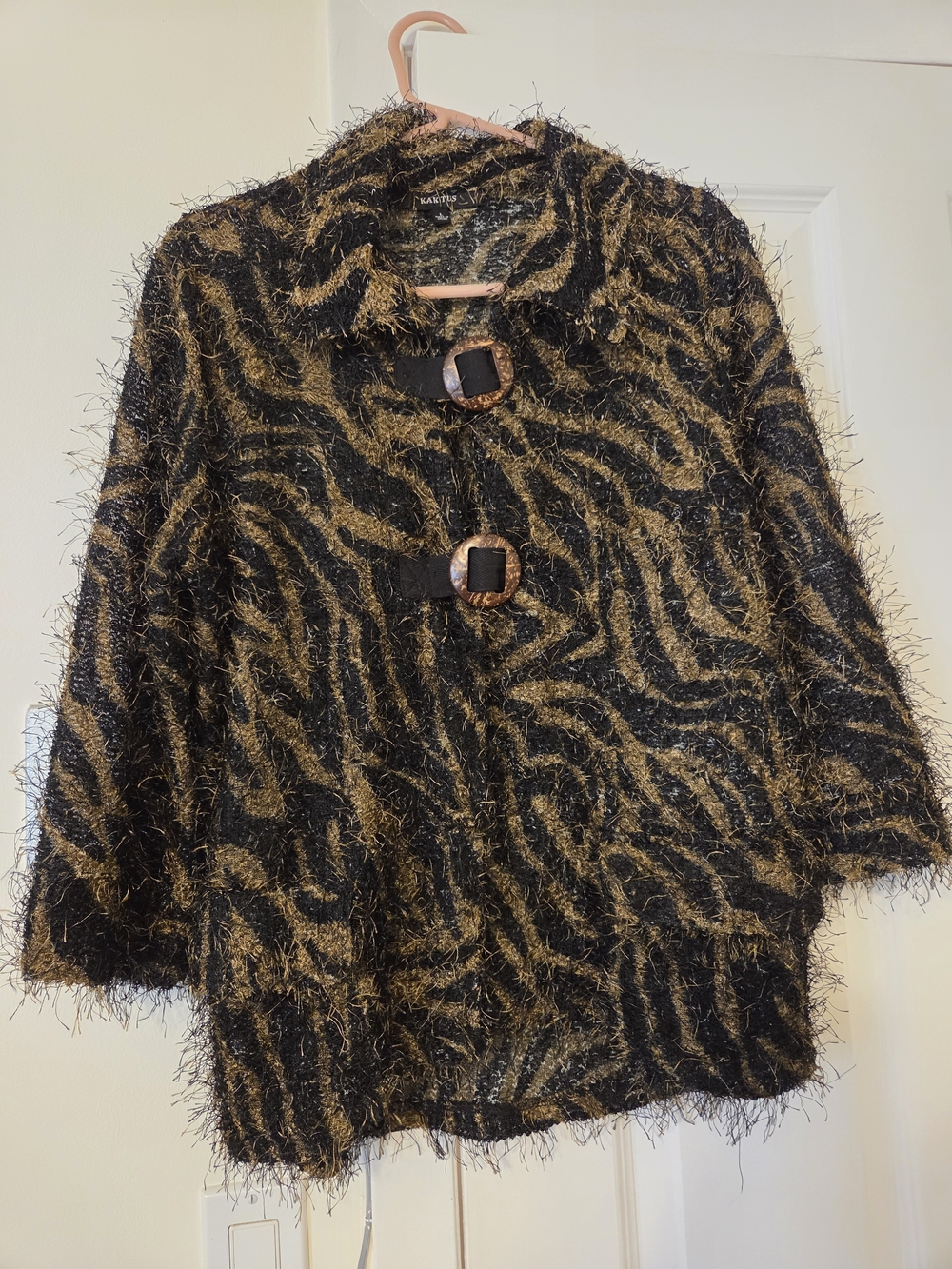 Kaktus Black and Gold Fuzzy Zebra-Print Cardigan with Buckle Closures